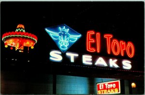 El Toro Restaurant Neon Sign Suoth of the Border SC NC UNP Chrome Postcard B11
