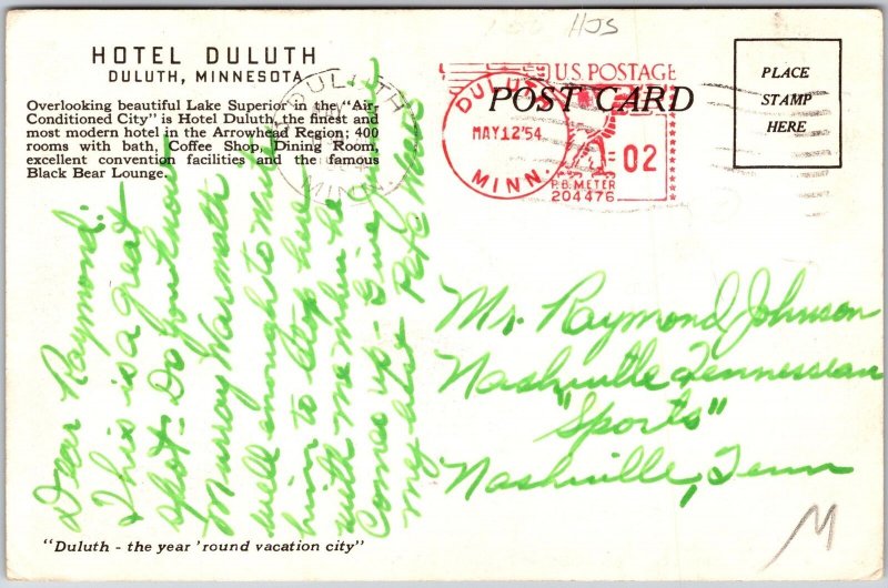Duluth Minnesota MN, 1952 Hotel Duluth, Modern Building, Vintage Postcard