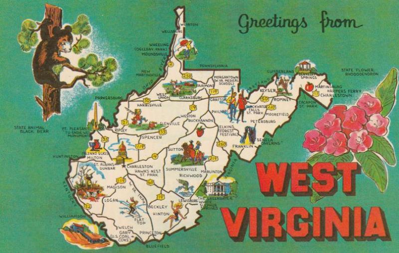 Map and Greetings from West Virginia - Black Bear and Rhododendron