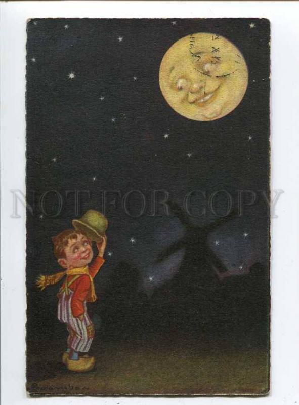 257649 ART DECO Boy Night Moon by COLOMBO vintage #1903 PC