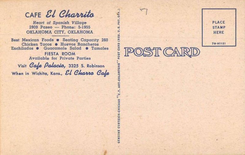 Oklahoma City Oklahoma Cafe El Charrito Dining Room Vintage Postcard AA15744