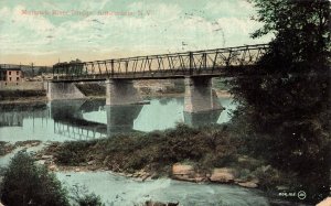 AMSTERDAM NY NEW YORK~MOHAWK RIVER STEEL BRIDGE-HOLZHEIMER SIGN~1908 POSTCARD