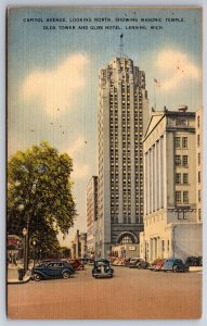 Lansing Michigan~Capitol Avenue~Masonic Temple~Olds Tower Hotel~1940s Cars~Linen