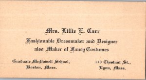 Lille E Carr Lynn MA Dressmaker Designer Fancy Costumes business card c1900