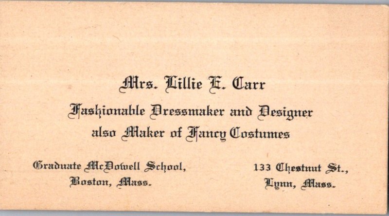 Lille E Carr Lynn MA Dressmaker Designer Fancy Costumes business card c1900