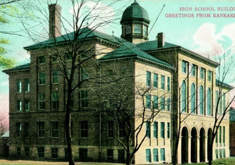 Vtg Carte Postale 1910s Kankakee Haut École Bâtiment Voeux De Kankakee Il