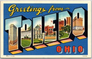 1940's Greetings From Toledo Ohio OH Large Letter Buildings Pasted Postcard