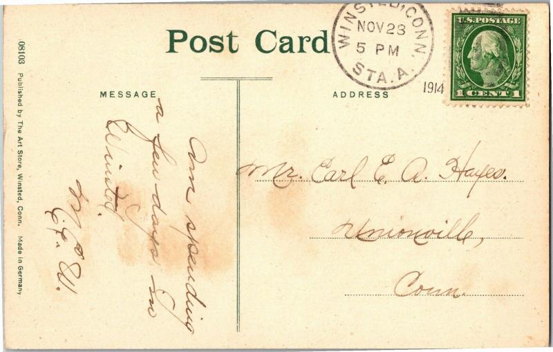 North Main Street, First Congregational Church Winsted CT c1914 Vtg Postcard Q28