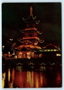 COPENHAGEN, Denmark ~ CHINESE TOWER Tivoli Gardens Night View c1950s   Postcard