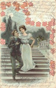 Man And Woman In Love On Stairs Vintage Postcard 08.15