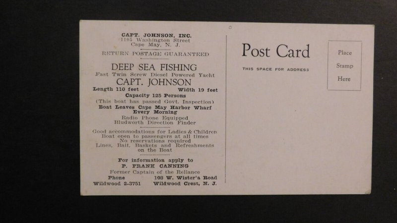 Mint USA Advertisement Postcard Captain Johnson Inc Deep Sea Fishing Cape May