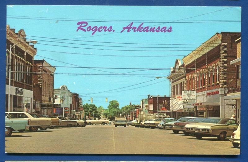 Rogers Arkansas ar Street scene old cars chrome postcard