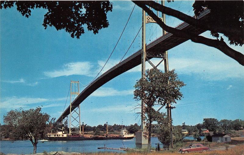 Thousand Islands New York International Bridge to Ontario Canada~Large Ship~'50s