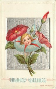 P. Sander Birthday Greetings Postcard 232; Girl's Face in Flowers Morning Glory