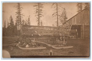 c1910's Children Wagon Sled Sleigh Log Barn Farm Chickens RPPC Photo Postcard 