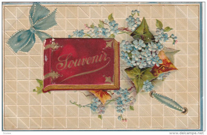 Souvenir Greetings, Attached Mini Book With Best Wishes, Blue Flowers, 1900...