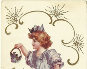 Victorian Girl with Basket full of Purple Violets Golden Days Be Thine