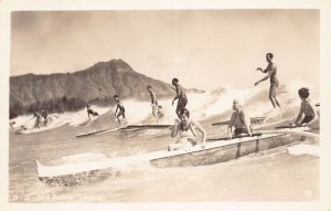 J76/ Honolulu Hawaii RPPC Postcard c1940s Waikiki Surfers Canoe 4