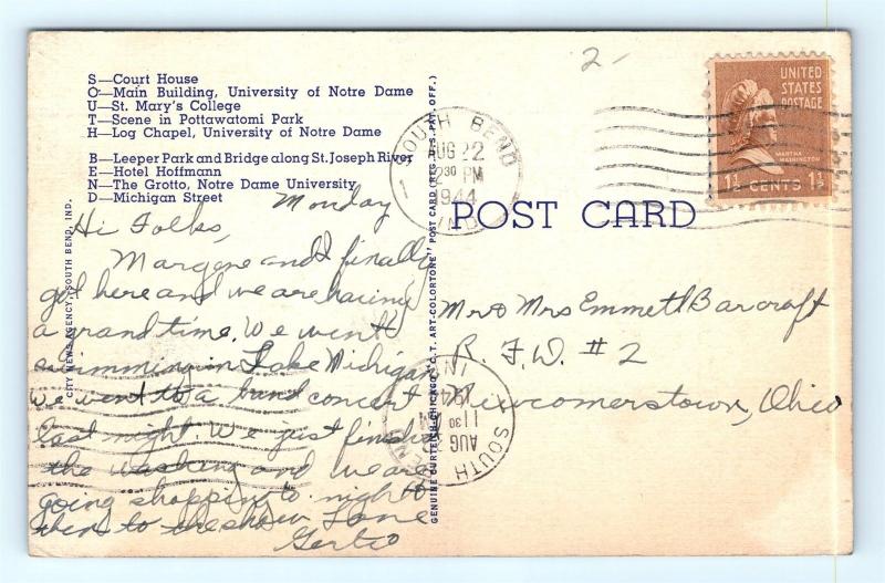 Postcard IN South Bend Large Letter Greetings Vintage Linen F19