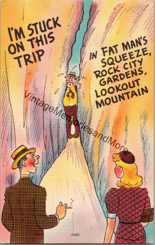 Fat Man's Squeeze Rock City Gardens Lookout Mountain TN Comedy Postcard PC211