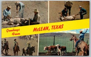 McLean Texas 1950s Greetings Postcard Cowboys Cattle Roping