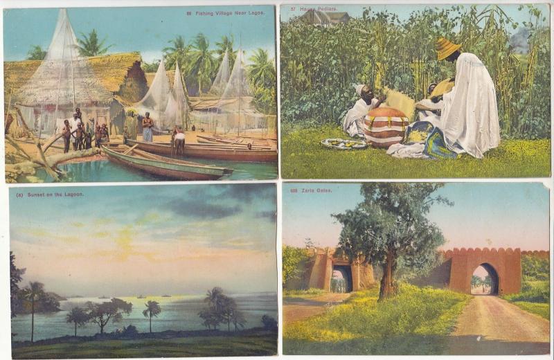 Lot 4 vintage postcards LAGOS Nigeria ethnic life fishing village hausa pedlars