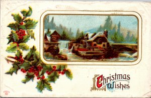 Postcard Christmas Wishes watermill holly 1912 Hurland MO