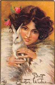 Beautiful Lady White Rabbit Easter Greetings Artist TJB 1910 postcard