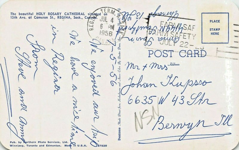 REGINA SASKATCHEWAN CANADA~HOLY ROSARY CATHEDRAL~1956 PSTMK POSTCARD