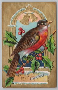 Christmas~Robin & Holly Joyful Holiday~Vintage Postcard 