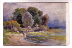 Signed Painting, Boat at Lake Shore