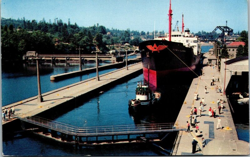 Vtg Seattle WA Government Locks Giant Tanker Passing Into Lake Union Postcard