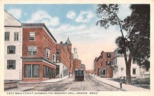 East Main Street in Orange, Massachusetts showing the Masonic Hall.