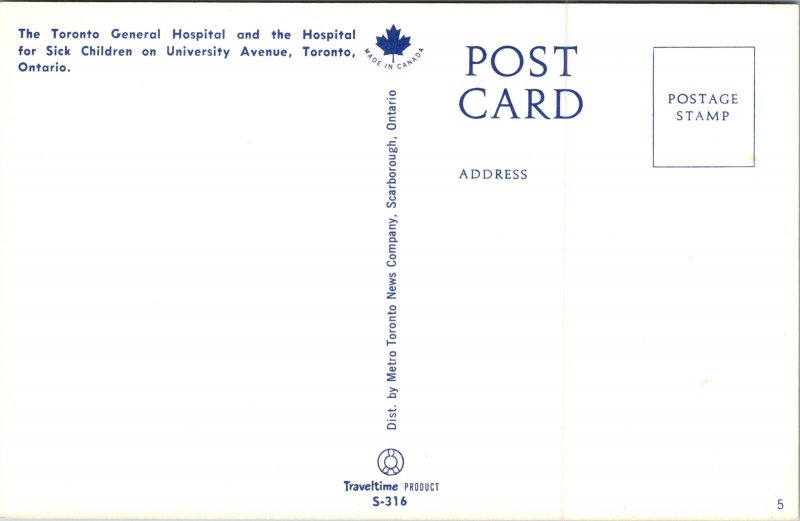 VINTAGE POSTCARD TORONTO GENERAL HOSPITAL AND HOSPITAL FOR SICK CHILDREN c. 1965