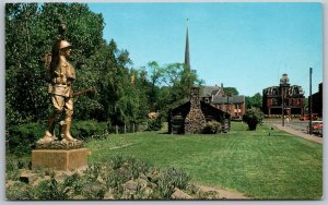 Warren Ohio 1950s Postcard Monument Park WWI Soldier Log Cabin School