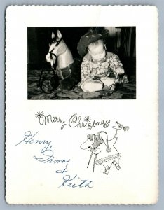 SANTA w/ CAMERA VINTAGE CHRISTMAS REAL PHOTO RPPC BOY w/ TOY GUN & HORSE