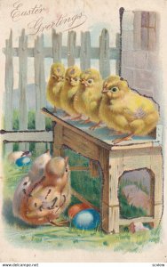 EASTER, 1901-07s; Greetings, Chicks on bench, Colored Eggs, Glitter detail, TUCK