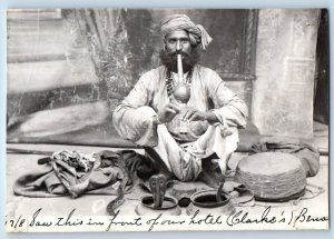 1908 Indian Snake Charmer Cobra Basket Scene India RPPC Photo Postcard