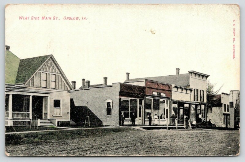 Onslow IA~West Side Main Street~Folks @ Stores~House~Dirt Road~Husking Corn~1908 