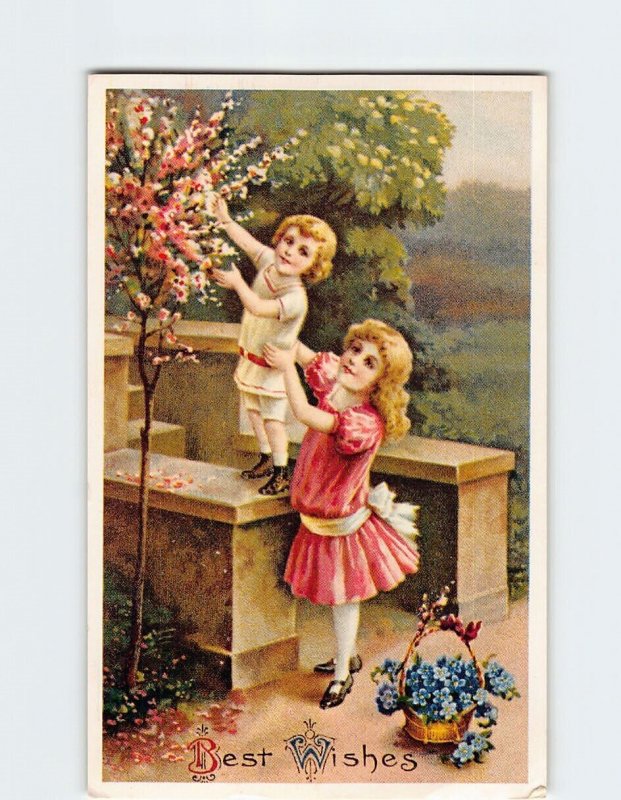 Postcard Best Wishes with Children Flowers Comic Art Print