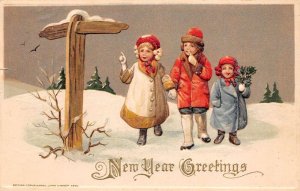 New Year Greetings Children, Hands Clasped W/ Holly Berries, Winsch Vintage PC U