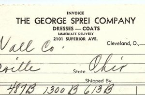 1939 THE GEORGE SPREI COMPANY CLEVELAND OH DRESSES COATS BILLHEAD INVOICE Z2719