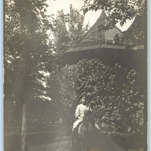 1910s Little Girl on a Black Horse / Pony RPPC Real Photo Postcard Gazebo A12