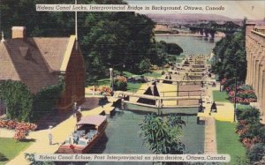 Rideau Canal Locks Interprovinicial Bridge In Background Ottawa Canada