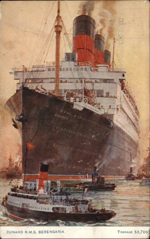 Cunard Line Steamship RMS Berengaria & Tugs 1925 PAQUEBOT CANCEL Postcard