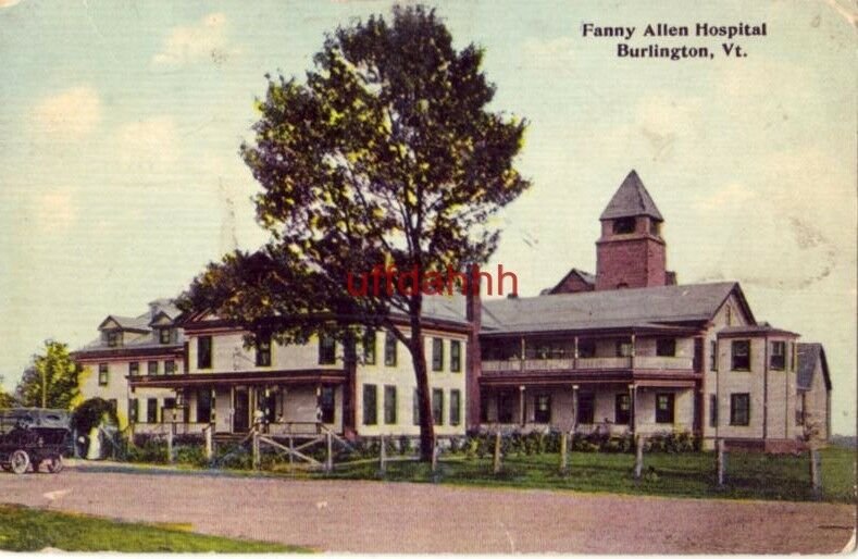 FANNY ALLEN HOSPITAL, BURLINGTON, VT 1912 vintage auto, people on front porch