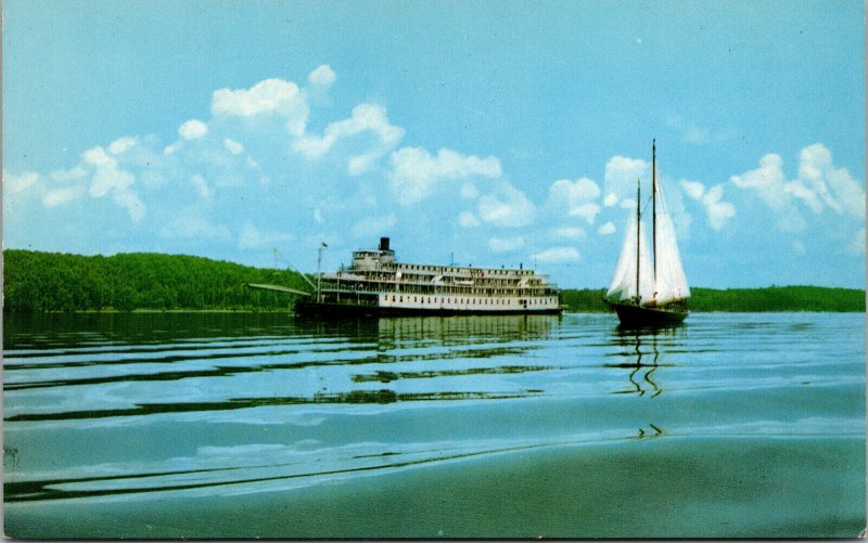 Vtg Delta Queen Steamboat and Schooner Sailboat On Kentucky KY Lake Postcard