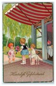 Hearty Greetings ~HARTELIJK GEFELICITEERD Cute Kids, Dog 1932  Dutch Postcard