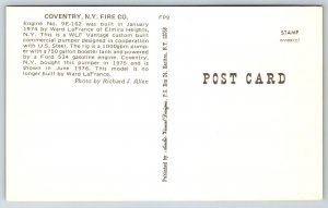 Fire Truck Engine - Fireman Postcard - Coventry - New York - 1974 Ward Lefrance