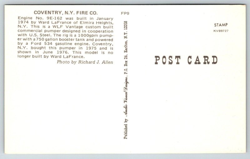 Fire Truck Engine - Fireman Postcard - Coventry - New York - 1974 Ward Lefrance